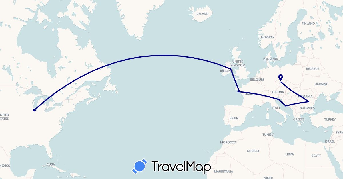 TravelMap itinerary: driving in Czech Republic, France, Croatia, Hungary, Ireland, Romania, United States (Europe, North America)